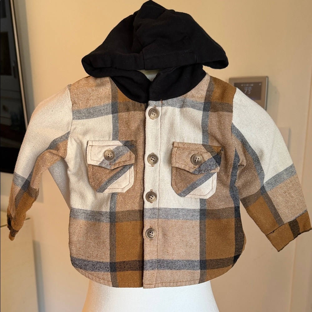 Olive + Scout - Boys Plaid Hooded Timber Jacket Sweatshirt - Tan - Size: 6-12M